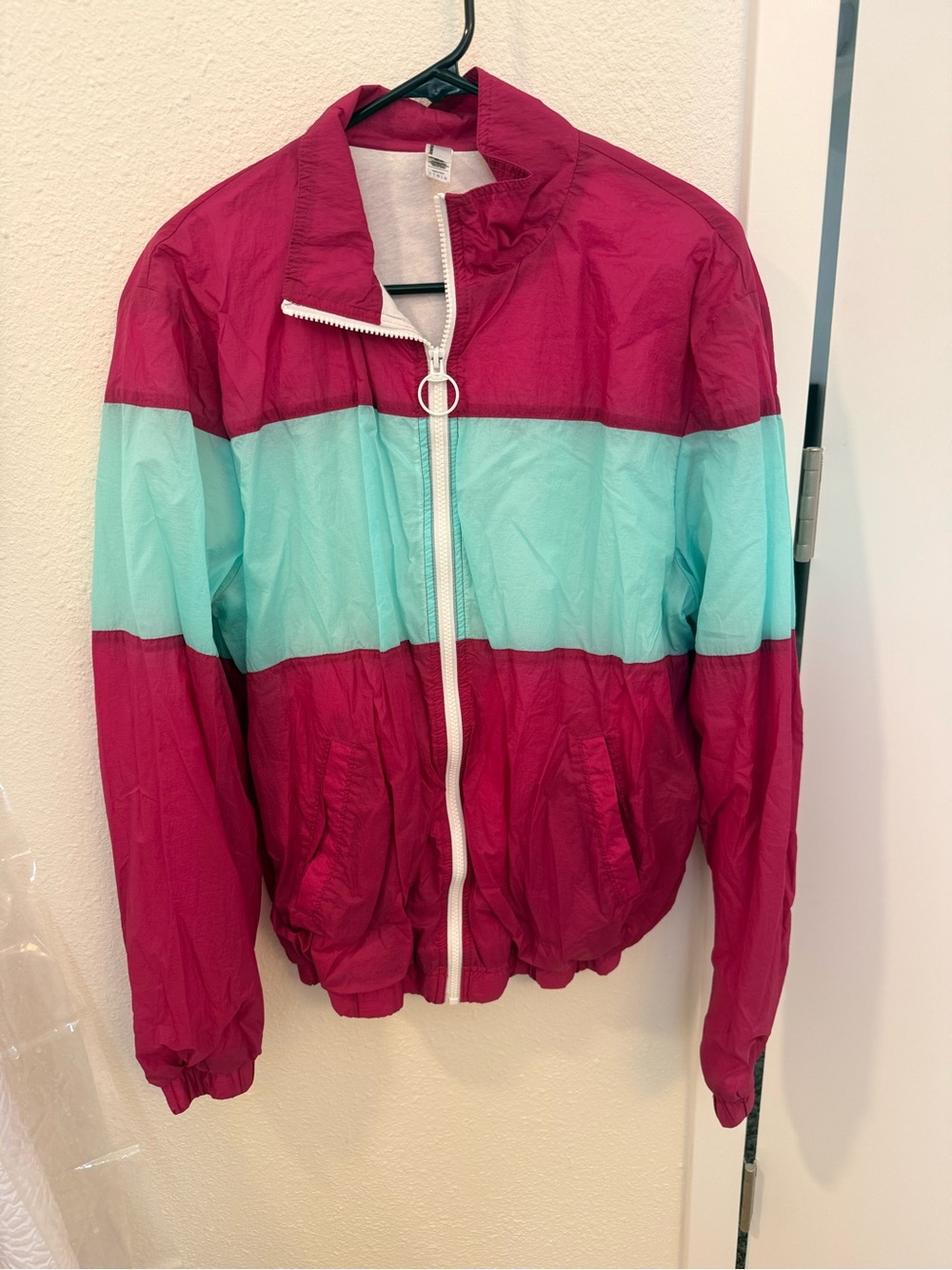 American Apparel Magenta and Aqua Colorblock Bomber Jacket